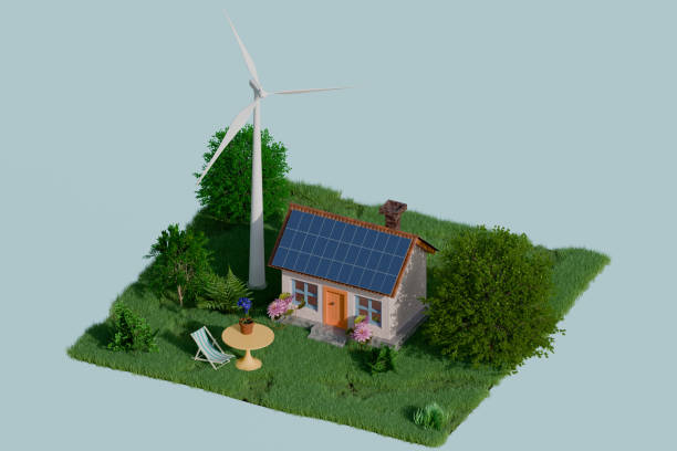 istock A charming ecofriendly house with solar panels and a wind turbine, surrounded by greenery. 3d rendering 2188886859