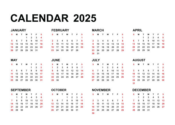 12 month calendar for 2025 annual calendar template. week starts on sunday. - tischkalender stock-grafiken, -clipart, -cartoons und -symbole