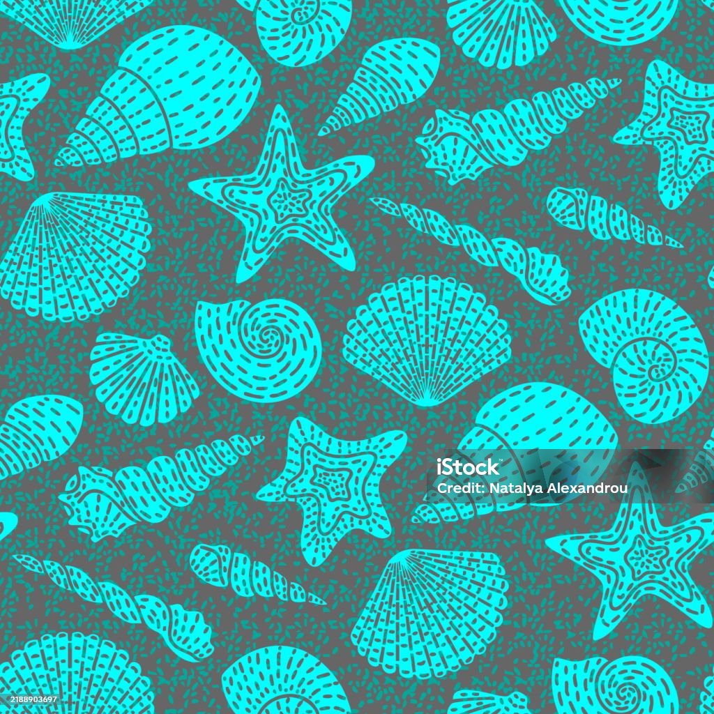 Gray Blue Shells Undersea Life Sea Shells Starfish Blue Shells Grey Background Seamless ...
