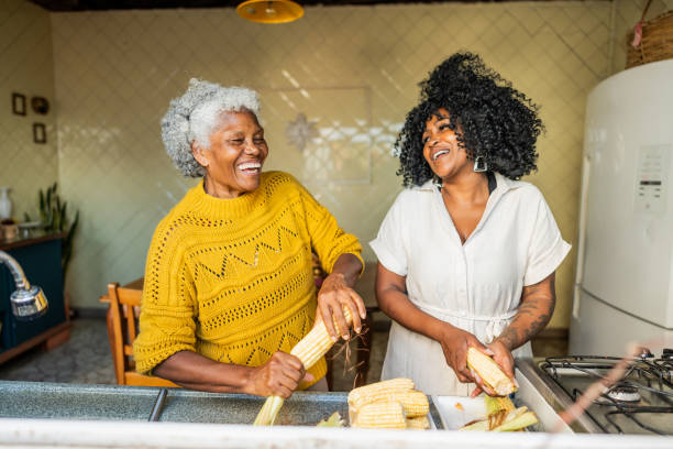 Mother and daughter cooking at home