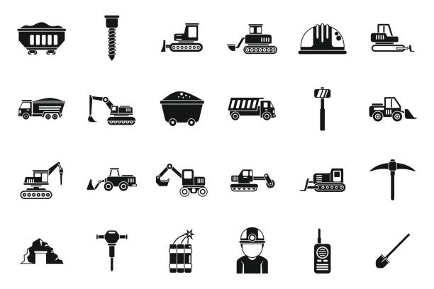 Quarry services icons set simple vector. Auto carrier Quarry services icons set simple vector. Auto carrier. Car deliver digging-icon stock illustrations