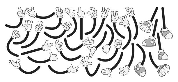 Retro cartoon characters feet with boots and hands with gloves comic doodles in different poses, gestures, placement and actions black-and-white isolated set. Vintage limbs vector illustration