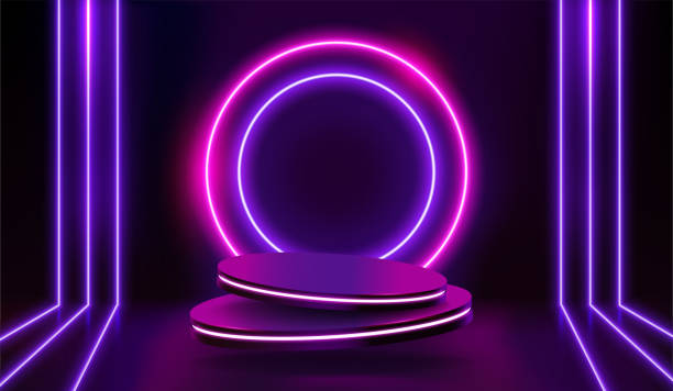 istock Dark background with Cylinder flying podium. Banner with neon glowing effects and empty pedestal. Stage for presentation of high tech products. Realistic 3D vector illustration 2188919651