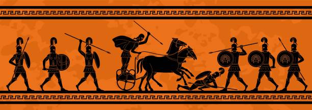 Ancient Greek ornament. Mural fresco or ceramic amphora with mythical battle of warriors with spears and shields. Depiction of historical event of human civilization. Cartoon Flat vector illustration