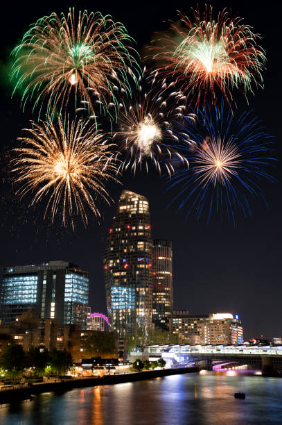 Fireworks over the St. Lawrence River in Canada, Quebec, Québec City