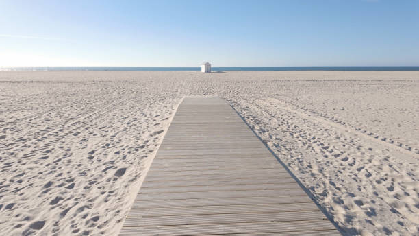 A wide wooden walkway stretches across a vast, pristine beach, leading towards a small white lifeguard tower under a clear blue sky.