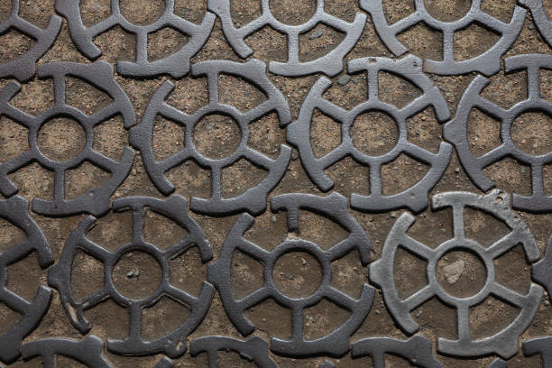 A fragment of a cast-iron Kronstadskaya sidewalk. top view.