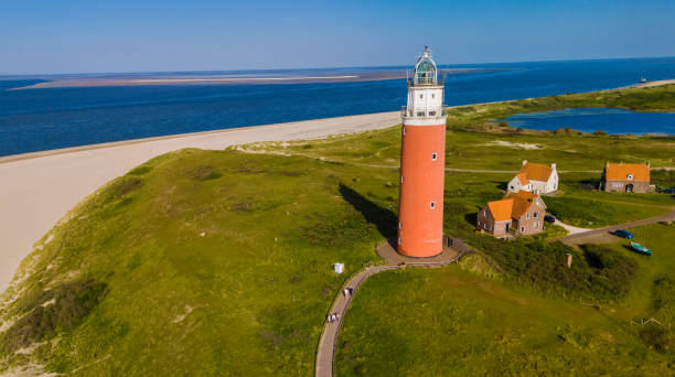 istock Texel Lighthouse, A unique perspective from beneath the sea level looking up at a lighthouse standing tall on a sandy beach, against a backdrop of the ocean waves crashing 2188935348