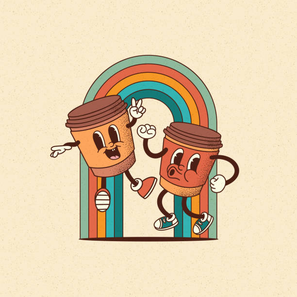Vector smiling coffee to go mascot in retro cartoon style poster. Vintage cafe menu or logo