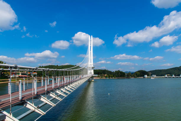 Footbridge across the river Drava in Osijek, Croatia. White pedestrian bridge and blue sky. Major landmark of the main city of Slavonia. Copy space