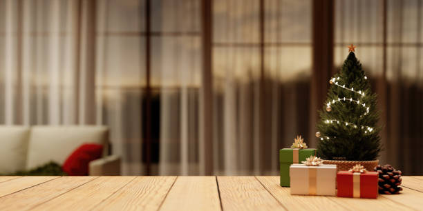 istock Elegant interior with miniature Christmas tree and gifts, 3D render. 2188949330