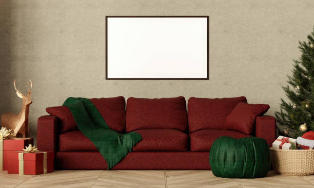 istock Festive couch setting with Christmas decorations, cozy style, 3D render. 2188949399