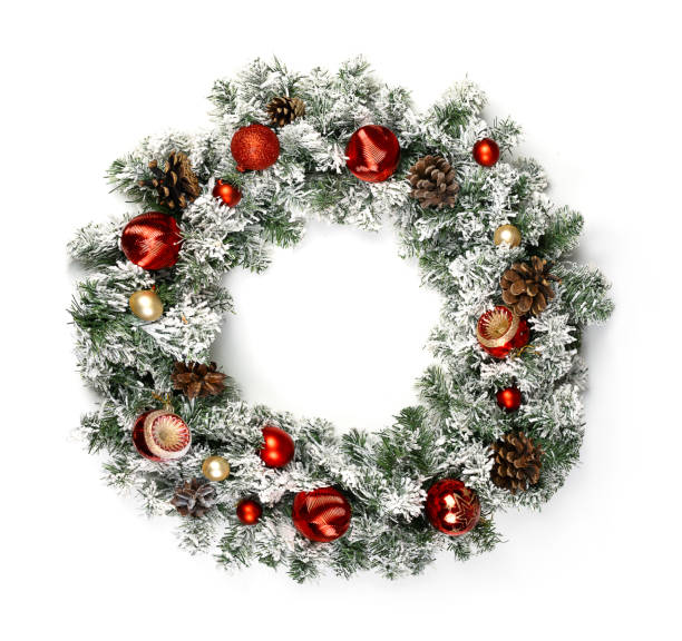 istock Christmas wreath from nature green spruce twig on white background. Round frame decorated with cones, red balls and snow. Mock up for card of holiday winter, New year, Celebration, sale. 2188950131