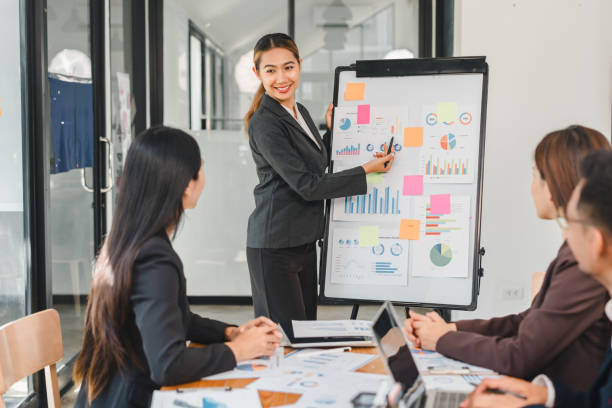istock Professional woman presenting data on whiteboard during business meeting, engaging her colleagues with charts and graphs. atmosphere is focused and collaborative 2188952084