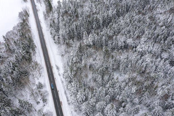 istock country road pass through a forest with snow-covered trees. winter scenery. aerial view. 2188954865