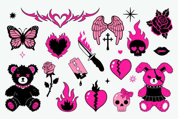 Y2k emo gothic style elements art in 1990s, 2000s style. Vector graphics. Y2k emo gothic style elements art in 1990s, 2000s style. Vector image. wings tattoos stock illustrations