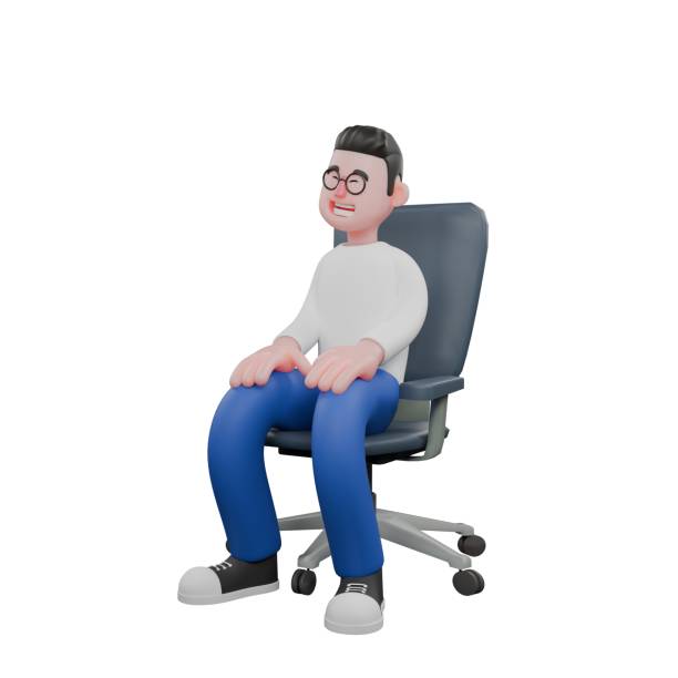 istock Professional Video Editing 3D Cartoon Model. A male video editor sits with his hands on his knees and his eyes closed, laughing expression. Professional Model 2188963292