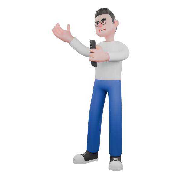 Cartoon Character 3D Model Video Editor Design. A male video editor stands holding a cellphone in his left hand, and his right hand is open, expression of giving direction. Illustration Design diseño de editor de video de modelo 3d de personaje de dibujos animados. un editor de video masculino está de pie sosteniendo un teléfono celular en su mano izquierda, y su mano derecha está abierta, expresión de dar instrucciones. diseño de ilustrac