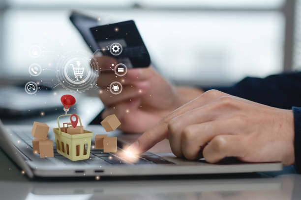 istock Online shopping concept,businessman use payment application 4.0 technology online store and shop,virtual interface,e-commerce marketing Marketplace digital platform concept, 3D rendering illustration. 2188964653
