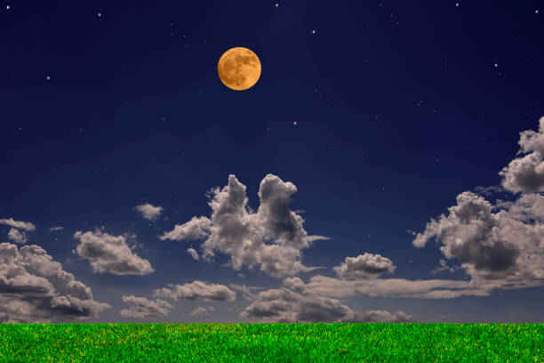 Strawberry full moon rising over the green hill with copy space.