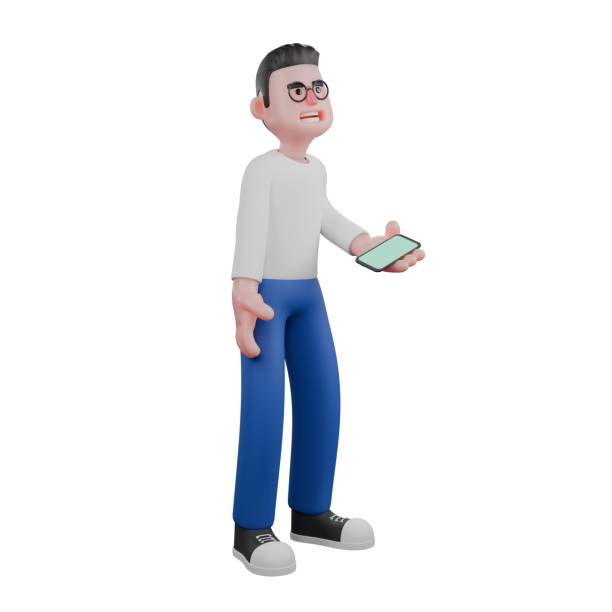 istock Professional Video Editing 3D Cartoon Model. A male video editor stands looking up while holding a cellphone in his left hand, shocked expression. Professional Model 2188966186