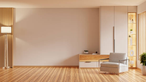 istock Minimal room with an gray armchair on empty white wall background- 3D rendering 2188966296