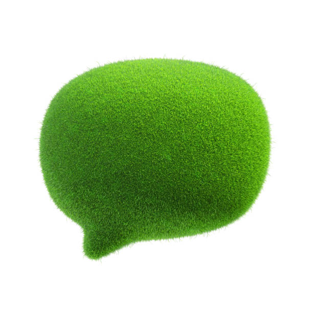 3D Speech bubble sign symbol or text box with green grass material on white background. Conversation symbol, message, email. world economy and ecology. Object with clipping path. 3D Illustration.