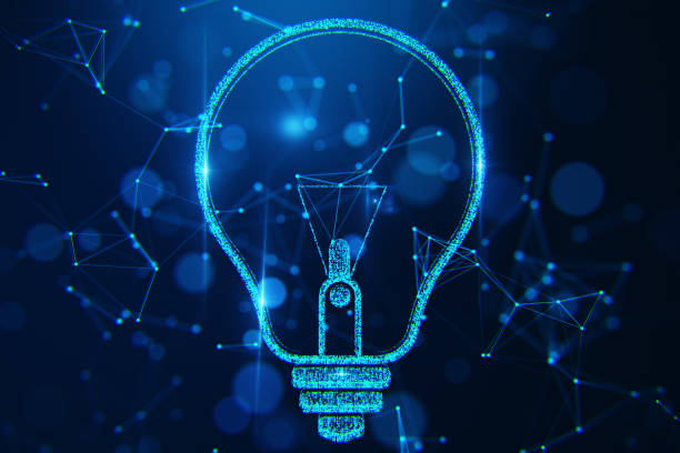 istock Glowing lightbulb with neon wireframe design symbolizing technology and ideas on a dark blue network background. 3D Rendering 2188968444