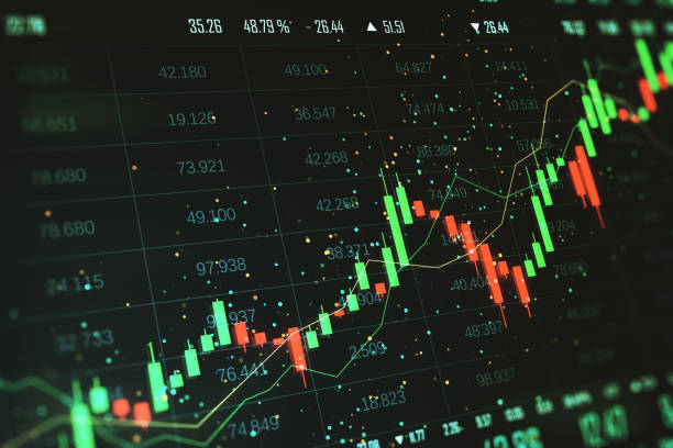 istock Financial market chart with glowing candlestick graph and data on dark background. 3D Rendering 2188968516