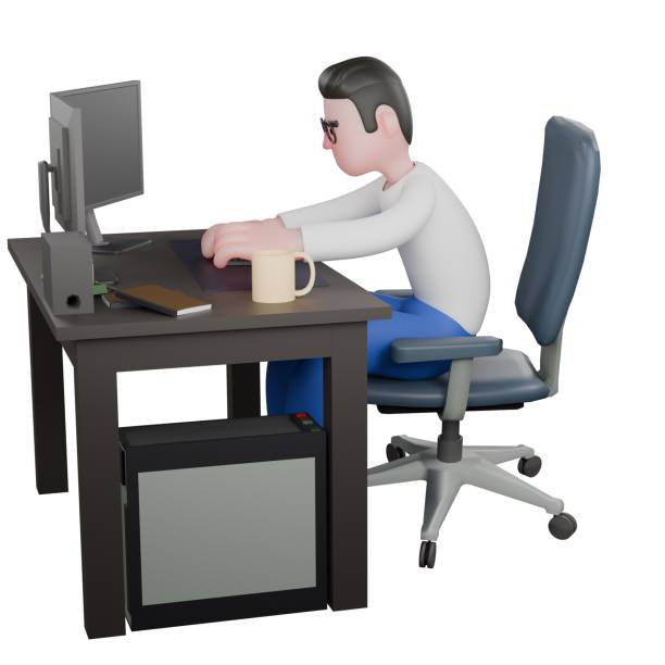 istock Professional Video Editing 3D Cartoon Model. A Male Video Editor sits on a chair with a computer on the table. Professional Model 2188968732