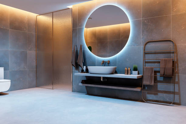 Modern bathroom interior with sleek design, featuring backlit round mirror, chic fixtures, and elegant decor in evening ambiance. 3D Rendering