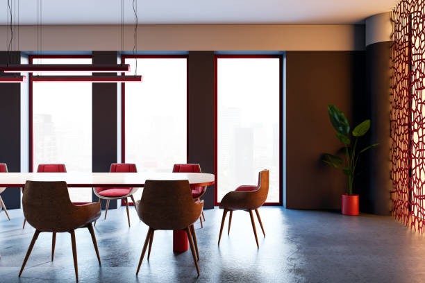 istock Modern boardroom interior with light-filled windows and stylish furniture. 3D Rendering 2188969008