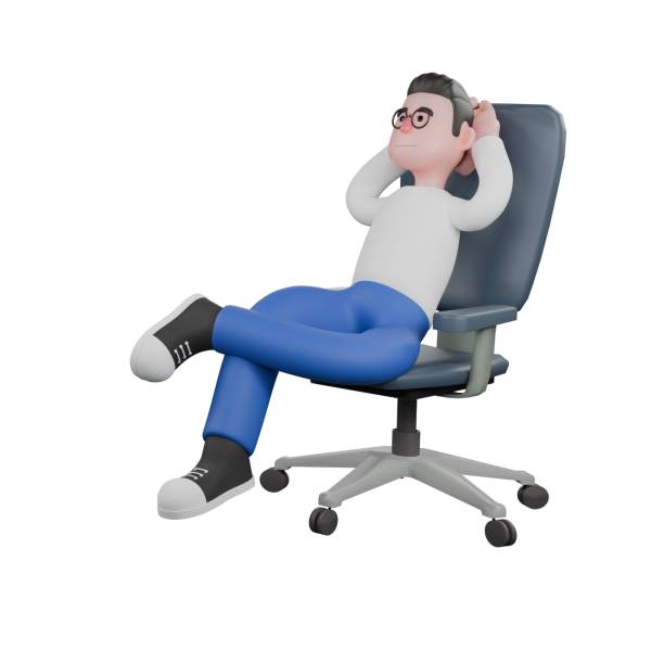 istock Creative Video Editor 3D Cartoon Character Design. A male video editor sits and leans back in a chair with both hands behind his head, a relaxed expression. Design 2188969891