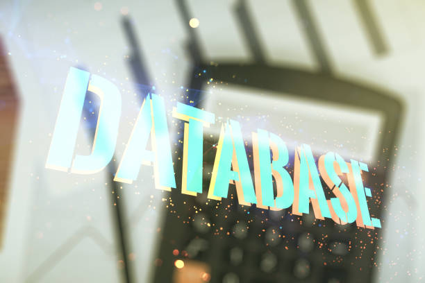 Double exposure of Database word sign on calculator background, global research and analytics concept