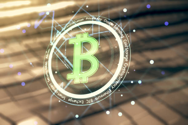 istock Virtual Bitcoin hologram on blurry abstract metal background. Multiexposure 2188972050