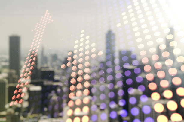 istock Virtual upward arrows illustration on blurry skyline background. Breakthrough and progress concept. Multiexposure 2188972110