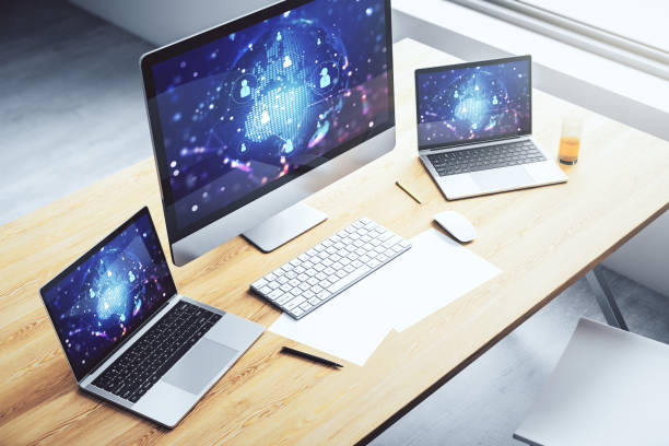 istock Social network concept with world map on modern laptop screen. 3D Rendering 2188972184
