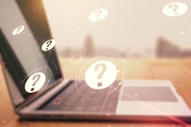 istock Creative abstract question mark sketch on modern laptop background, FAQ and research concept. Double exposure 2188972231