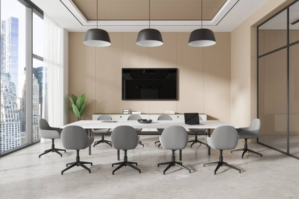 istock Modern conference room with large windows and a minimalist design. 3D Rendering 2188978718