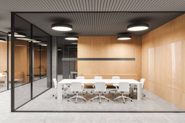 istock Office interior with glass conference space and business corridor 2188979849
