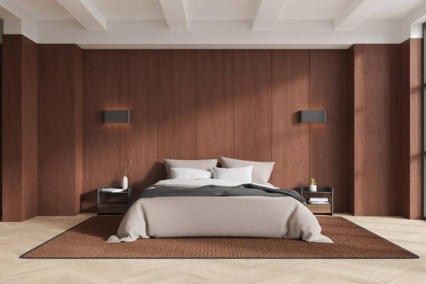 istock Modern Bedroom with Wooden Panels and Minimalist Decor. 3D Rendering 2188980037