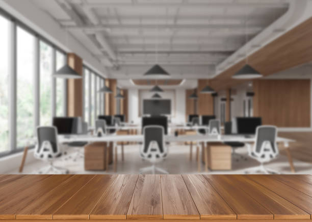 istock Wooden countertop mockup in modern office environment. 3D Rendering 2188980068