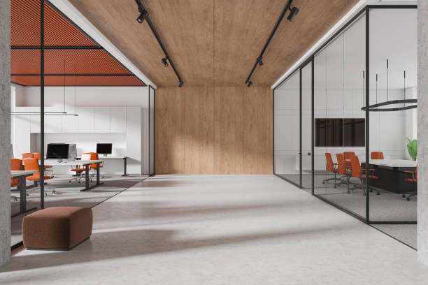 istock Minimalist office interior with coworking and conference room with tv screen 2188980274