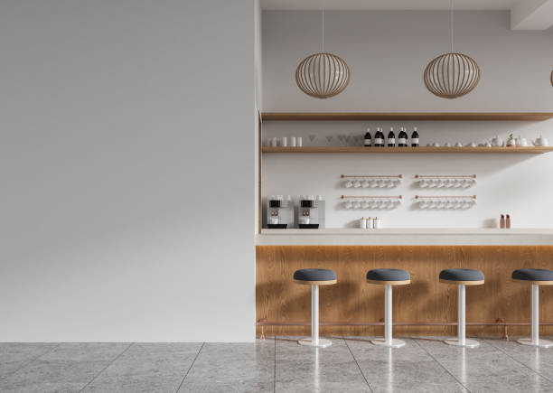 istock Empty wall mockup next to modern kitchen counter with wooden stools and shelves in minimalistic design, perfect for branding display. 3D Rendering 2188983262