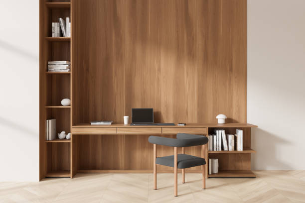 istock Home bedroom interior with work zone, table and chair with shelf. Empty wall 2188983449