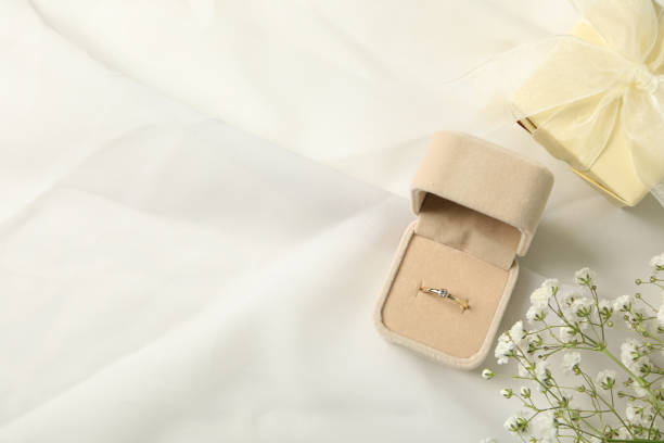 istock Wedding ring in case, gift box and bouquet on white background, space for text 2188987017