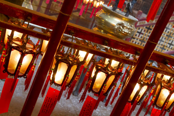 Hong Kong, China - December 31, 2019: View of chinese lanterns inside a Taoist Temple in Hong Kong, China, Asia.