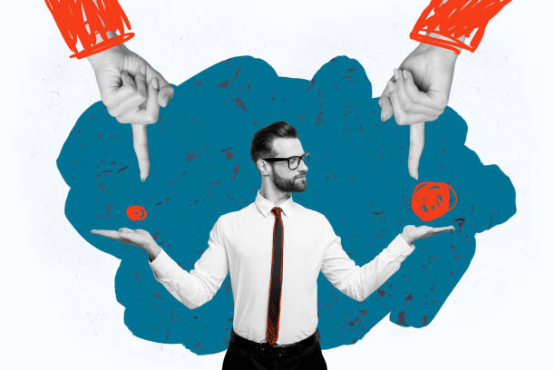 istock Creative drawing collage picture of young man compare point finger gesture brainstorming billboard comics zine minimal 2188994306