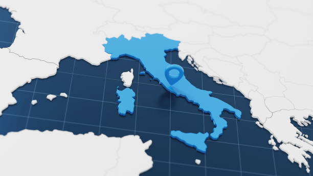Blue Italy 3d map with pointer pin surrounded with other countries in white. Europe political map with borders. 3d render illustration.