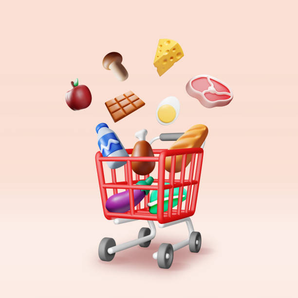 istock 3D shopping cart with fresh products. 2189001980